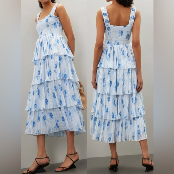 NEW Ganni Floral Pleated Georgette Heather Blue Midi-Dress SZ 34 US 2 - Picture 1 of 7
